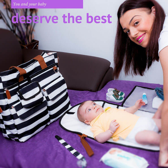Canvas Shoulder Diaper Bag Striped Tote Baby Bag - Image 2